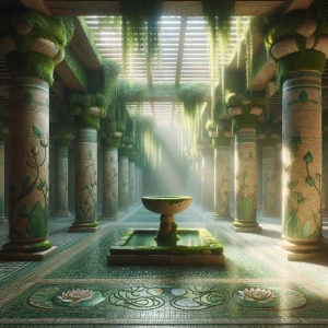 Create a serene oasis inspired by ancient Egyptian forests in "B...