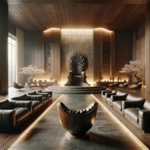 luxurious modern throne room lounge, wide corner shot from eleva...