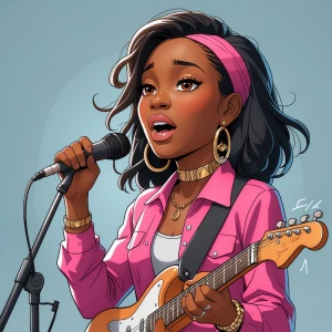 Draw a 2D animated cartoon picture of a black female musician si...