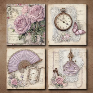 Victorian Mauve Rose Ephemera – 4 Cards (Antique Roses & Keepsak...