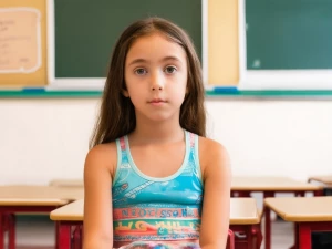 A teenage girl sitting in front of me viibrant swimsuit, panoram...