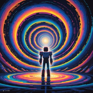 In the midst of a swirling vortex of glitched pixels, a kaleidos...