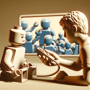 A Lego man looks  at a guy who turns the video off