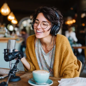Young woman blogger recording her podcast while in a cafe with c...