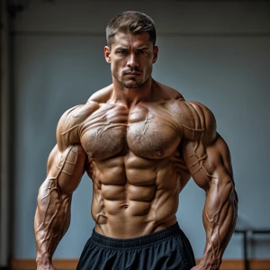 A shirtless man is depicted indoors, showcasing his muscular bui...