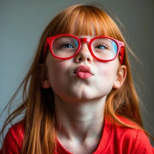 A young girl with chest-length ginger hair, wearing red glasses...