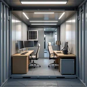 Interior of a fully fitted modular office container with modern...