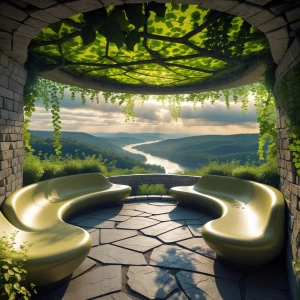 Design a tranquil setting at an overlook alcove situated on a na...