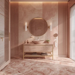 Create an image of a luxurious bathroom titled "Petal Sink Room,...