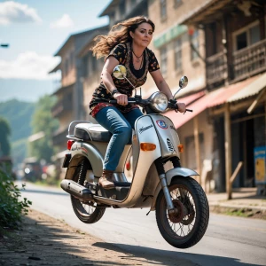Gypsy woman bouncing up and down testing suspension on the moped