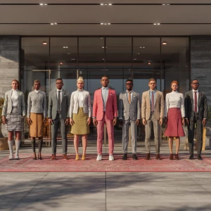 Show a dynamic scene at the entrance of a contemporary office bu...