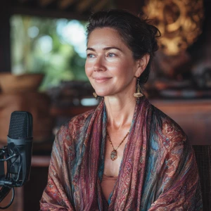 An woman meditation coach is seated before a microphone in a tra...