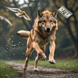 Un loup humain courant après une liasse de billet de dollars qui...