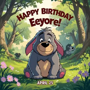Banner states “Happy Birthday Eeyore!” 
April 25
(Realistic styl...