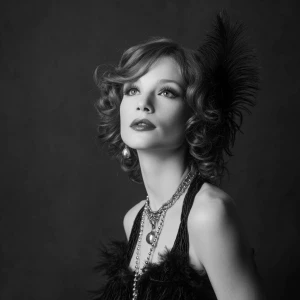 Black and white silent movie photo of A redhead supermodel dress...