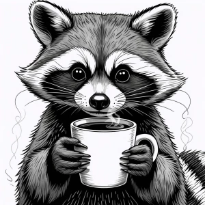 Create a detailed monochromatic illustration of a cute raccoon h...