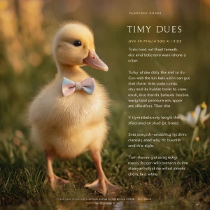 Prompt:
“A tiny baby call duck named Jazz, wearing a cute pastel...