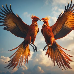 2phoenix birds rising in flight together