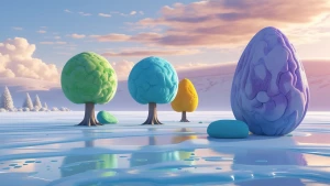 Create a 3D minimalist Stone Age forest clearing, part of a cohe...