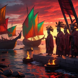 Pre-medieval Tyroshi harbor at sunset, sky burning crimson and g...