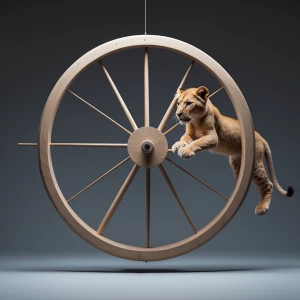 Visualize a large wooden wheel rotating steadily around its own...