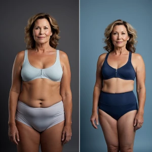 Generate two full-body images side by side of a woman in her mid...