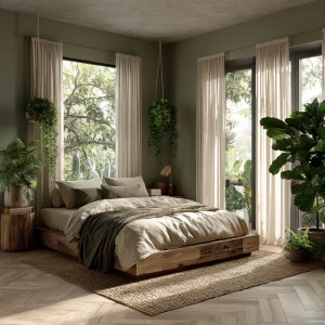 Photorealistic high-resolution image of a biophilic bedroom inte...