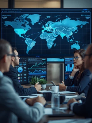 A modern corporate office scene in 4:5 portrait composition, fea...