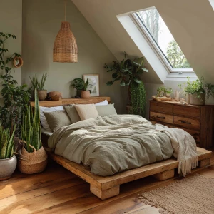 Photorealistic full-room shot of a sustainable eco-friendly bedr...