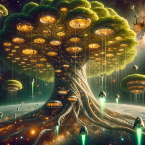 A colossal banyan-like tree floating in outer space, transformed...
