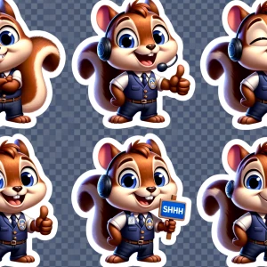 set of 4 sticker sheets, cute cartoon squirrel tour guide, weari...