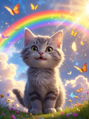 Cute grey kitten smiling under a bright rainbow, sunlight shinin...