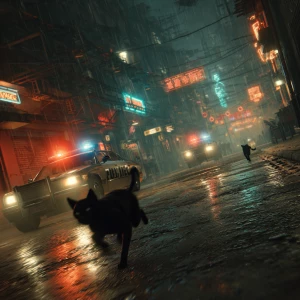 Humanoid gangster cats sprinting through a neon-lit alley at nig...