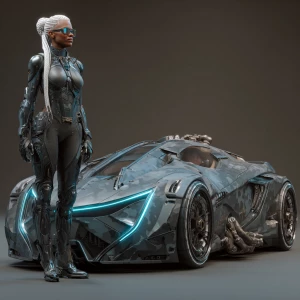 Ultra-realistic 3D render of a confident, sleek female cyberpunk...