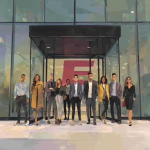 Capture a scene where 10 diverse employees are standing confiden...