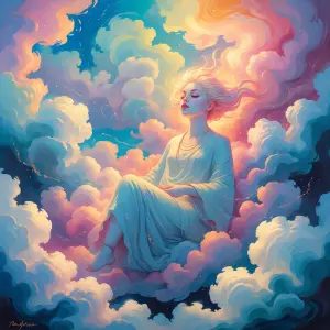 In a harmoniously vivid depiction, a serene figure floats amidst...
