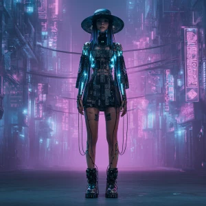 Create an image of a cyberpunk-style witch with futuristic cloth...