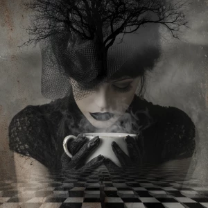 Colorsplash double exposure steamy cup of coffee, goth elements,...