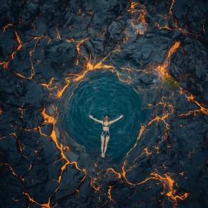 A person swimming in a sea which is made of lava