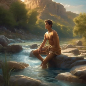 A young Spartan Boy, with glistening skin, is bathing in a seren...