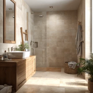 Generate a realistic image of a compact beige bathroom interior...