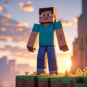 Minecraft Steve standing on a tall cliff at golden sunset, soft...