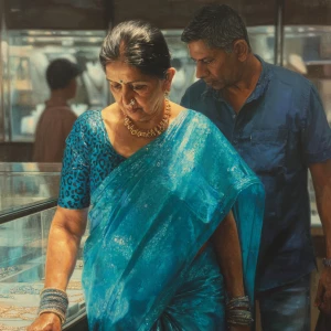 Hyperrealism,oil painting.a  mature gujarati mother in law in he...