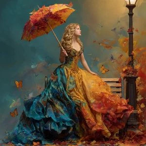 A woman stands elegantly on a park bench, holding a vibrant umbr...