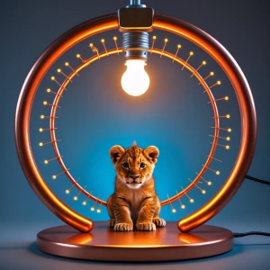 “A small lion cub sits in the center of a copper ring connected...