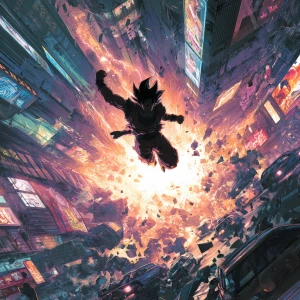 unleashing a gravity pulse in a neon-lit cityscape, floating abo...