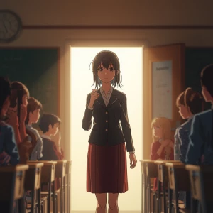 cinematic 2D anime scene of a female teacher entering classroom,...
