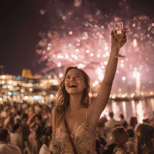 A woman joyfully standing on a crowded Sydney Harbour promenade,...