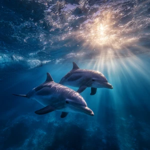 Baby dolphins chasing sun ray in the ocean water crest