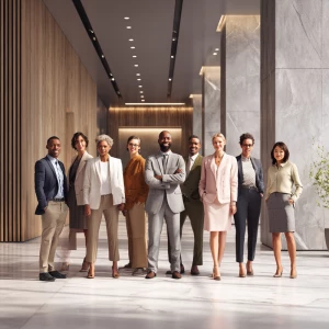 Show a dynamic scene at the entrance of a contemporary office bu...